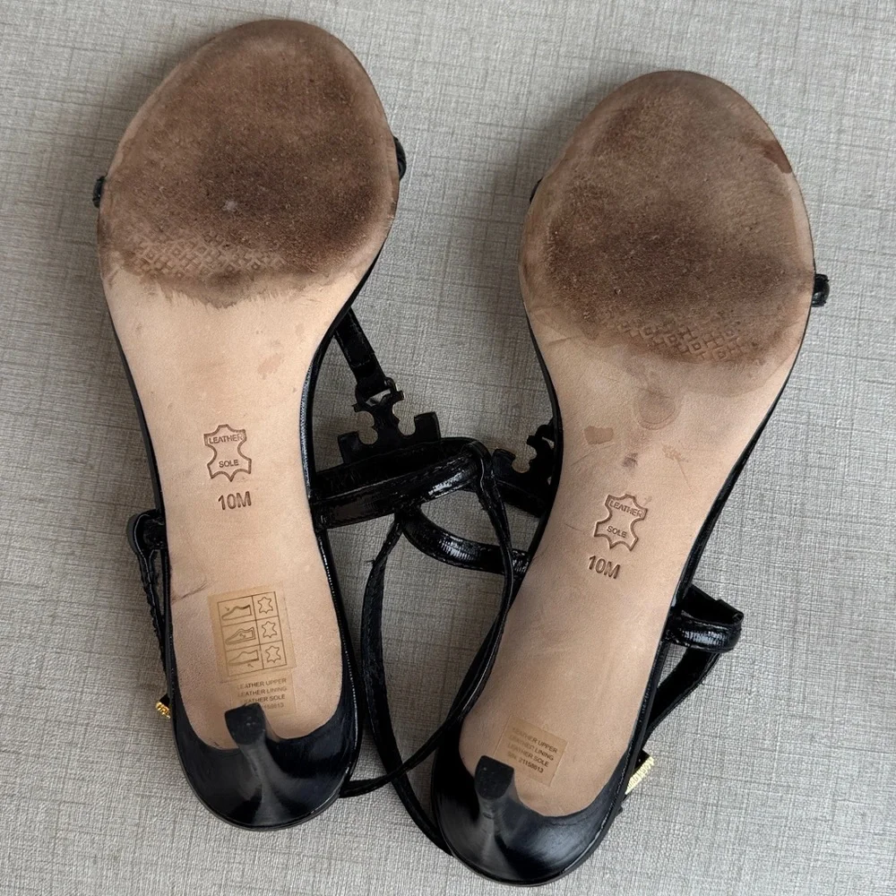 Tory Burch Black Patent Leather T-Strap Sandals with Gold Logo - Picture 8 of 12